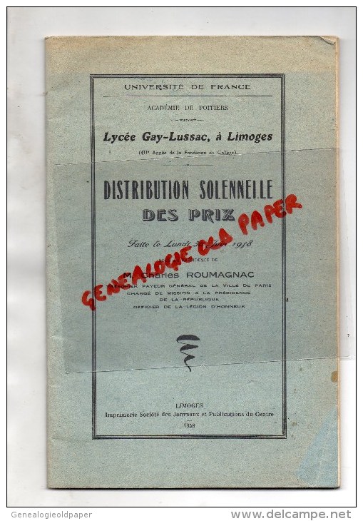 87 - LIMOGES- LYCEE GAY LUSSAC - DISTRIBUTION PRIX 30 JUIN 1958- CHARLES ROUMAGNAC - Limousin