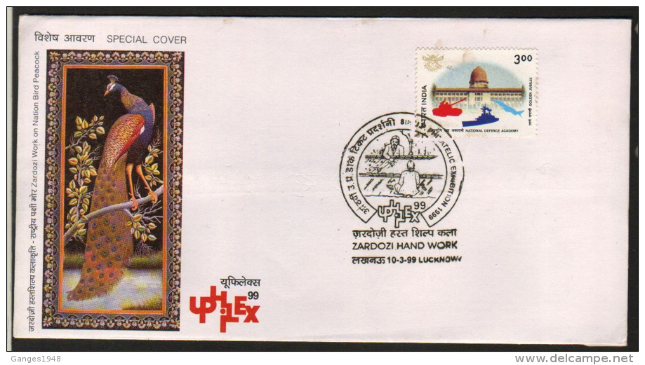 India  1999  Peacock  National Bird Embroidery Hand Work Textile  Special Cover #  83679  Inde  Indien - Paons