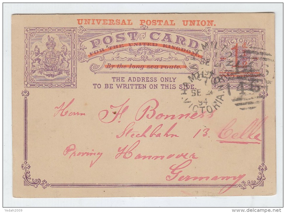Victoria/Germany POSTAL CARD 1894 - Lettres & Documents