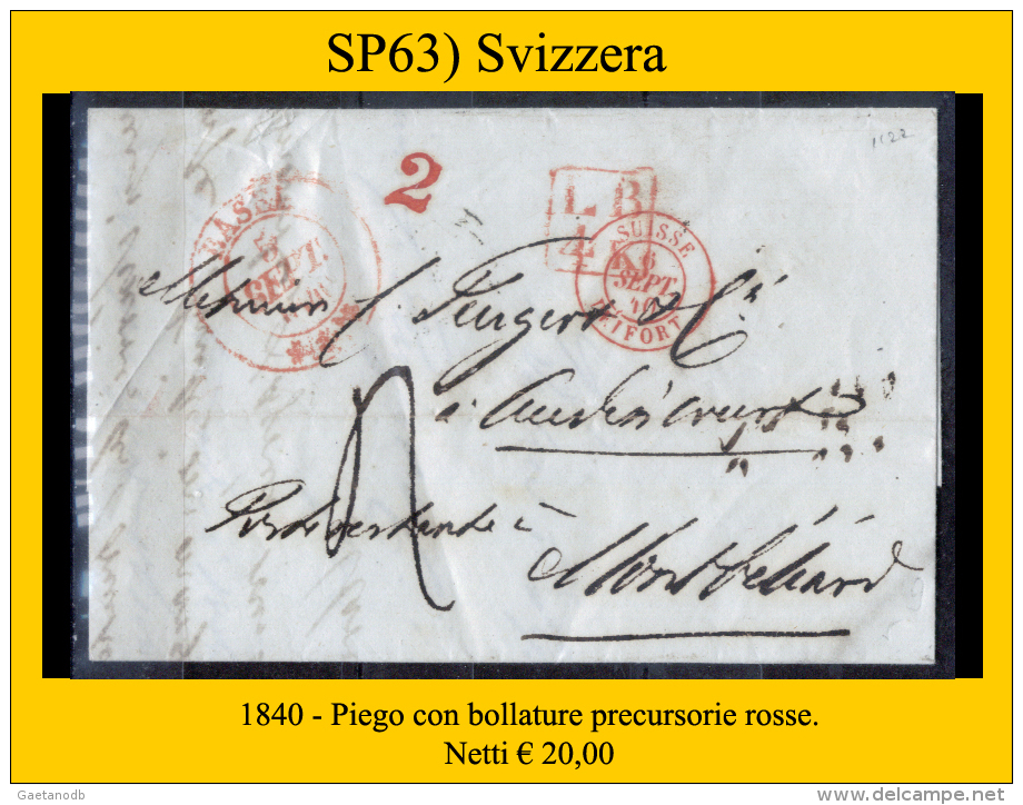 Svizzera-SP063 - 1840 - Piego Con, Rosse, Bollature Precursorie. - ...-1845 Voorlopers