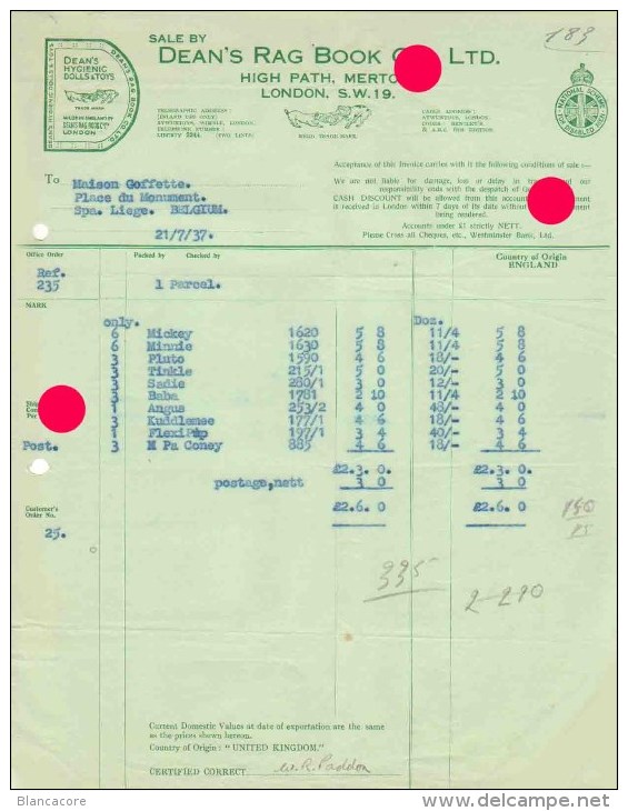 LONDON 1937 DEAN'S HYGIENIC DOLLS & TOYS DEAN'S RAG BOOK Co Ltd  / Jouets - United Kingdom