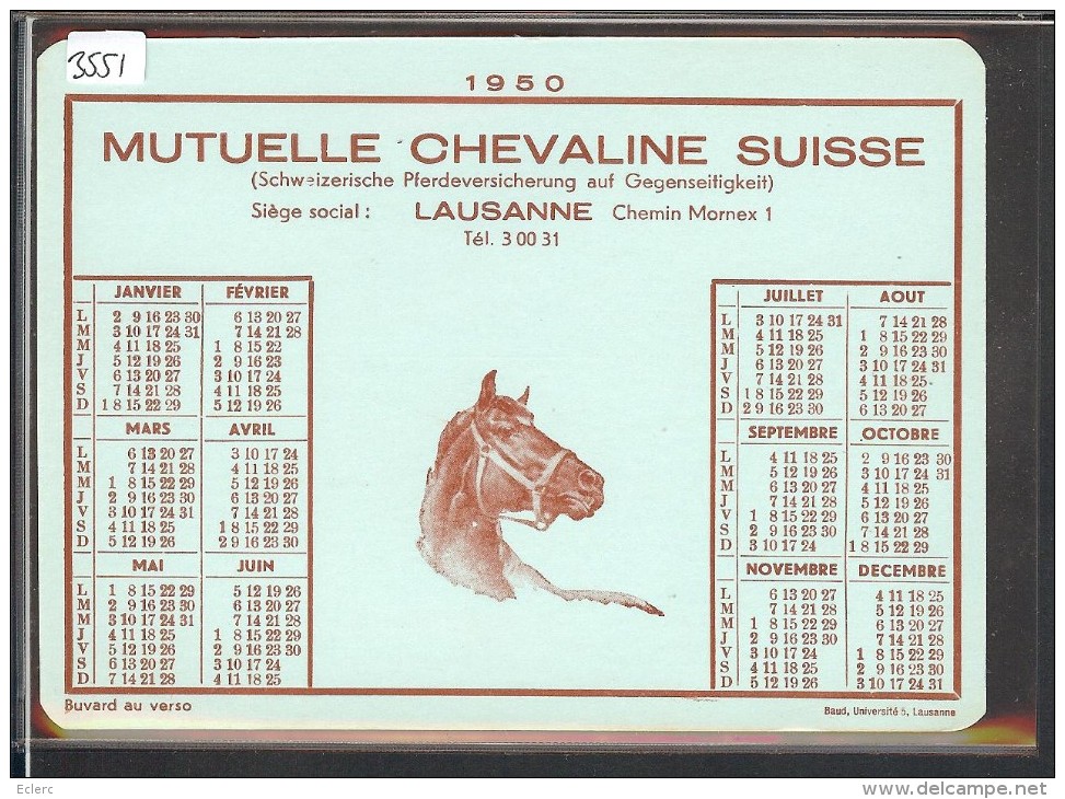 FORMAT 10x15 - LAUSANNE - MUTUELLE CHEVALINE SUISSE - CALENDRIER 1950 - AU DOS: BUVARD - TB - Autres & Non Classés