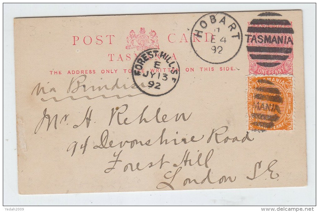 Tasmania/UK UPRATED POSTAL CARD 1892 - Lettres & Documents