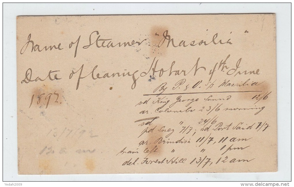 Tasmania/UK UPRATED POSTAL CARD 1892 - Lettres & Documents