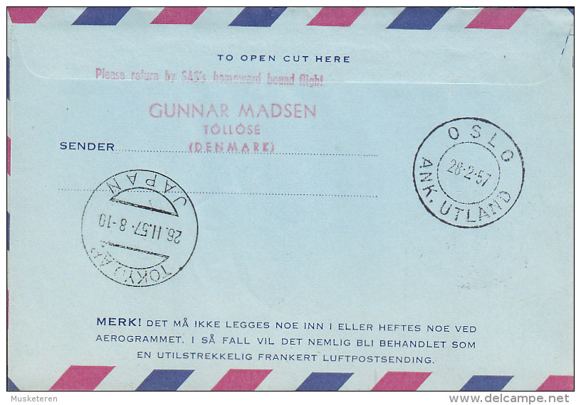 Norway Airmail Aerogramme SAS OSLO-KØBENHAVN-TOKIO Via North Pole 1. Flight Cover 1957 !! - Briefe U. Dokumente