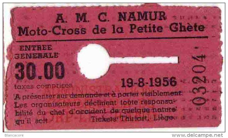 NAMUR MOTO CROSS De La PETITE GHETE 1956 - Biglietti D'ingresso