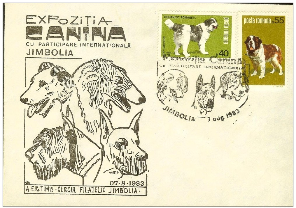 Cover, Romania, Philatelic Exh. "Dog Breeds", Jimbolia 1984, Saint Bernard, Arlequin Dog, - Dogs