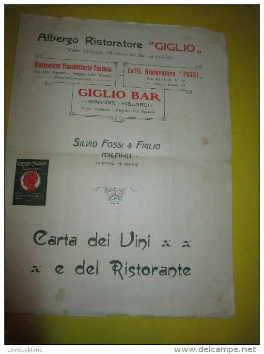 Carte Du Restaurant Et Des Vins /Albergo Ristorante "Giglio"/ Milan: Italie/ Entre 1930 Et 1950      MENU64 - Menus