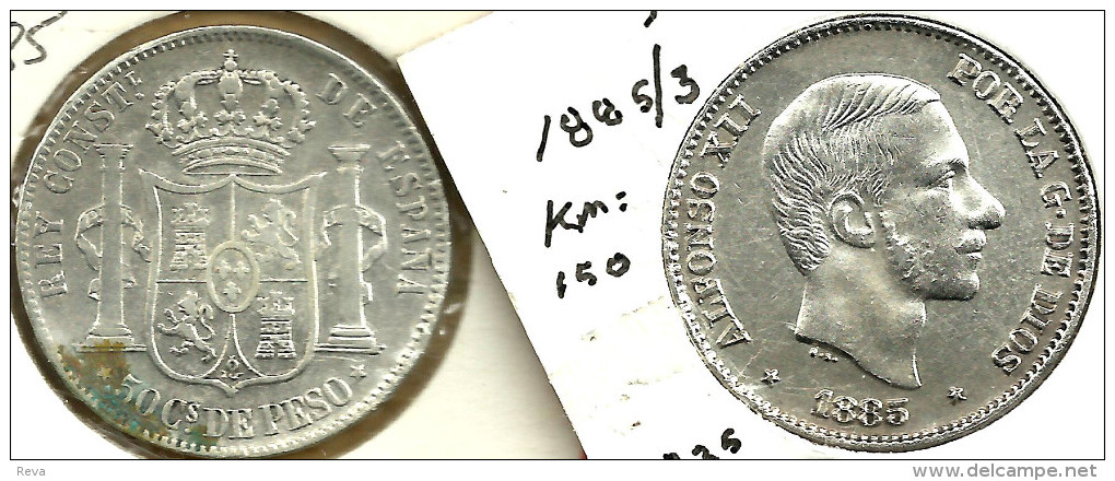 SPANISH PHILIPPINES 50 CENTAVOS SHIELD FRONT KING ALFONSOXII HEAD BACK 1885/3 SILVER KM150 READ DESCRIPTION CAREFULLY!!! - Filipinas