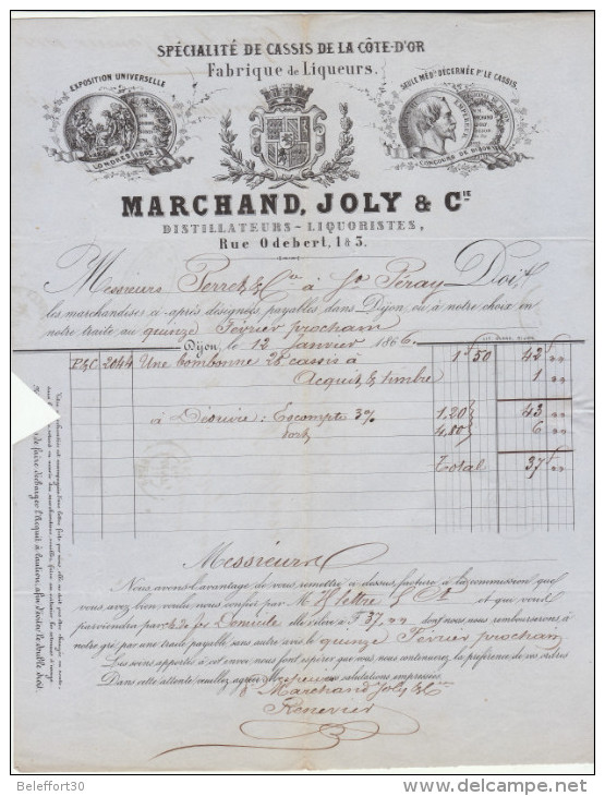 Côte D'Or, Dijon, Marchand, Joly & Cie , Spécialité De Cassis  (2 Scans) 1866 - Alimentaire