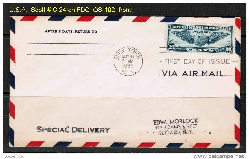 U.S.A.  SCOTT # C 24 On FDC  N.Y. (MAY 16 1939) - 1851-1940