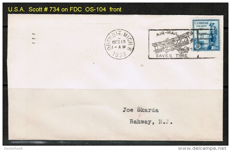 U.S.A.  SCOTT # 734 On FDC ---DETROIT (OCT. 13 1933) - 1851-1940