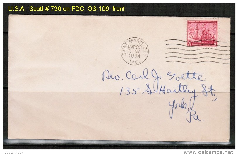 U.S.A.  SCOTT # 736 On FDC ---ST. MARY'S CITY, M.D. (MARCH 23 1934) - 1851-1940