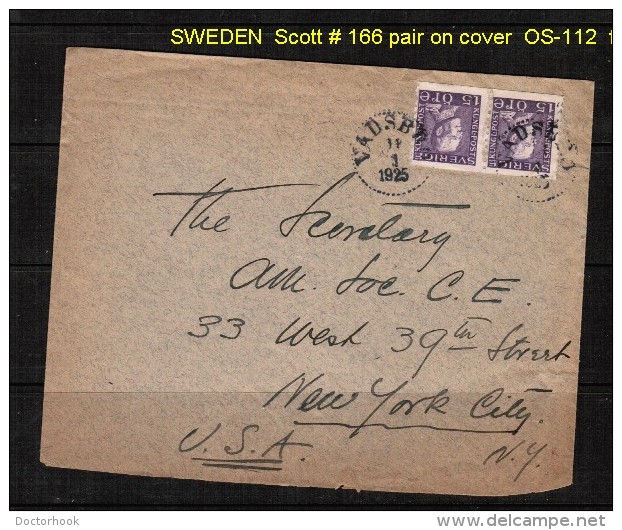 SWEDEN   SCOTT # 167 COIL PAIR On COVER TO N.Y. (11/1/1925) - Lettres & Documents