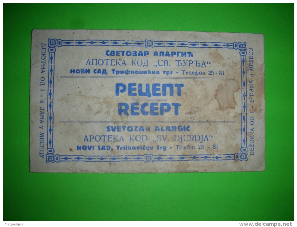 R!,medical History,pharmacy Receipt,prescription,apotheke Svetozar Alargic,Novi Sad,Serbia,dr Djura Straser,dentist,rare - Documents Historiques