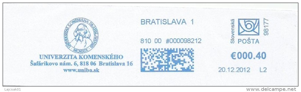 A5 Slovakia 2012. Machine Stamp Atm Label Cut Fragment UNIVERSITY KOMENSKEHO - Cartas & Documentos