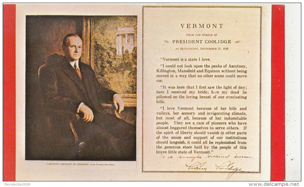 BF26808 Vermont President Coolidge  USA   Front/back Image - Autres & Non Classés