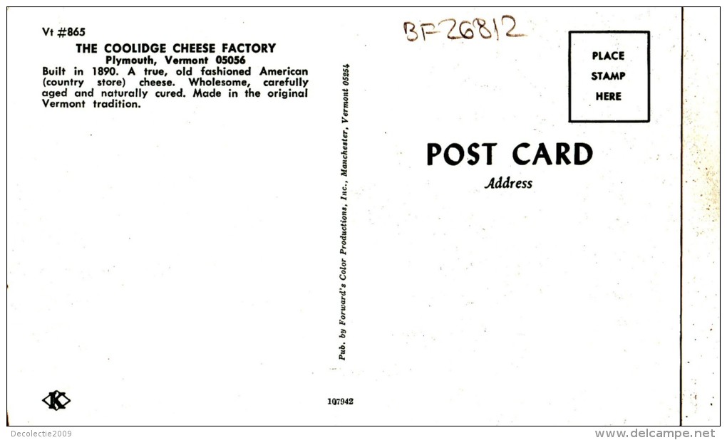 BF26812 Vermont The Coolidge Cheese Factory   USA   Front/back Image - Autres & Non Classés