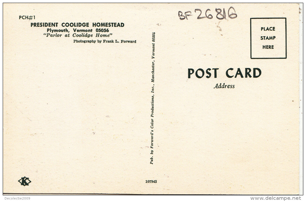 BF26816 Plymouth Vermont President Coolidge Homestead  USA   Front/back Image - Other & Unclassified