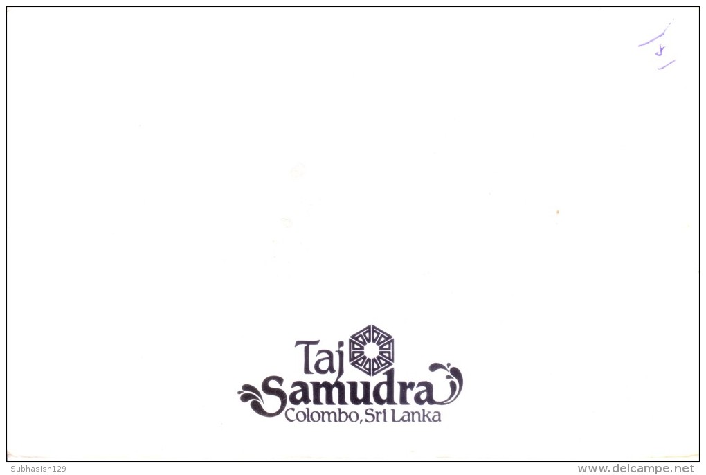 OLD GREETINGS CARD - PRINTED IN SRI LANKA - SEASON'S GREETINGS FROM TAJ SAMUDRA HOTEL, COLOMBO, IMPRINT SIGNATURES - Turismo