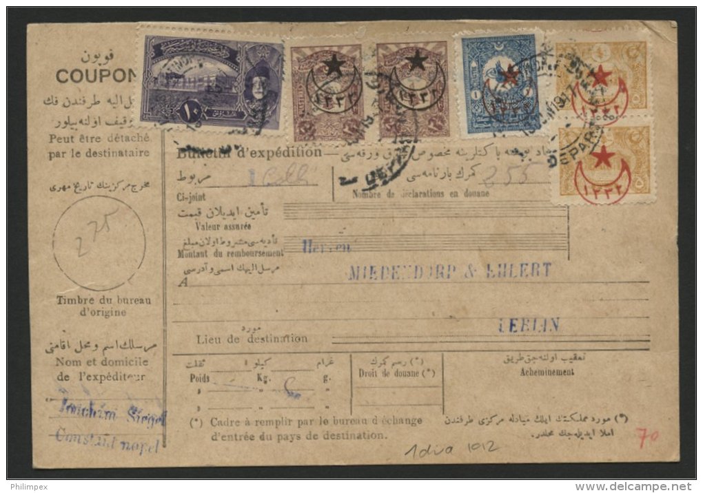 TURKEY, PARCEL CARD 1916 TO BERLIN, NICE MIXED FRANKING - Lettres & Documents