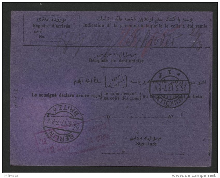 TURKEY, PARCEL CARD 1917 TO BERLIN, NICE MIXED FRANKING - Briefe U. Dokumente