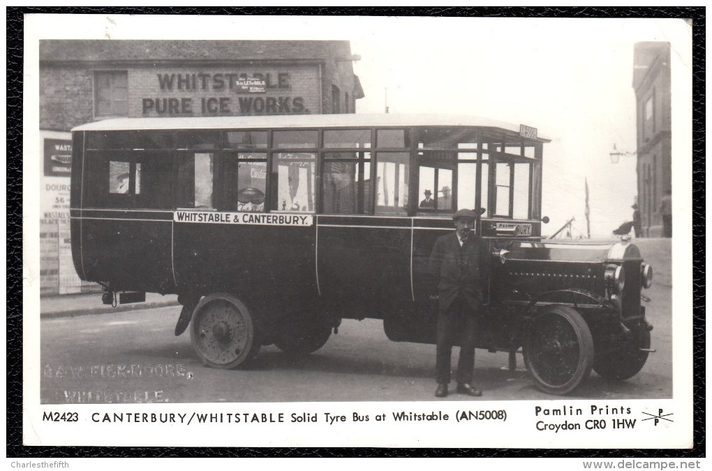 OLD PHOTOCARD KENT * CANTERBURY / WHITSTABLE Solid Tyre Bus At Whitstable + Publ. ICE WORKS WHITSTABLE - Canterbury