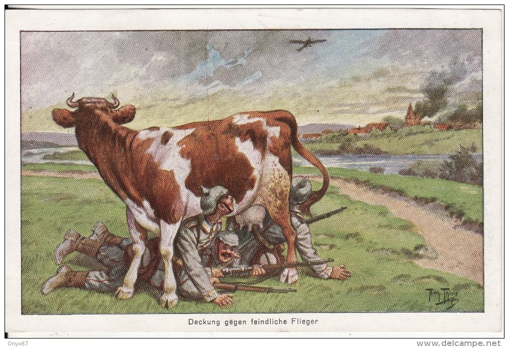 Carte Postale Fantaisie Dessin- Arthur THIELE Deckung Gegen Feindliche Flieger- Militaire Allemand-Vache-Stempel 87 Reg - Thiele, Arthur