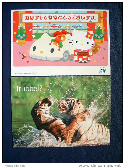 2 Postcards On Cats - Tigers - Hello Kitty - Japan - Sweden - Tiger