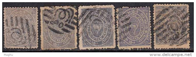 5 Diff.,Travancore Used 1ch Shade / Perf. Varities / Postmark , - Travancore