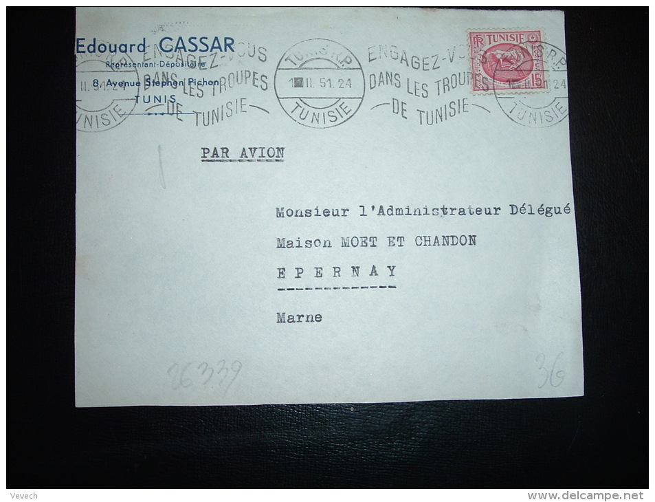 DEVANT DE LETTRE TP CARTHAGE 15F OBL.MEC. 1 II 51 TUNIS RP TUNISIE + ENGAGEZ-VOUS + EDOUARD CASSAR - Cartas & Documentos