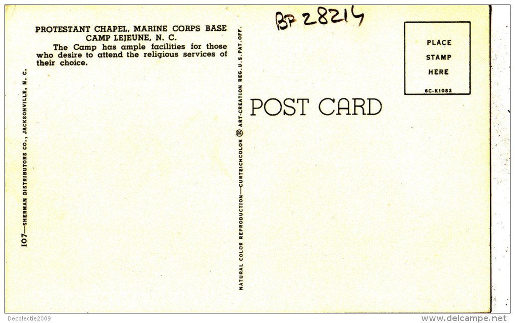 BF28214 N C Protestant Chapel Marine Corps Base Camp Lejeune   Front/back Image - Autres & Non Classés