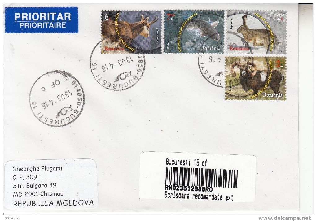 ROMANIA : HUNTING & FISHING Set On Cover Circulated To MOLDOVA - Envoi Enregistre! Registered Shipping! - Used Stamps