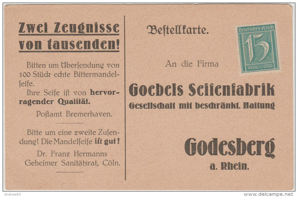 Deutsches Reich - Postkarte - Postal Card - Entier Postal - Bestellkarte - 15 - Goebels Seifenfabrick - Godesberg - New - Briefe U. Dokumente