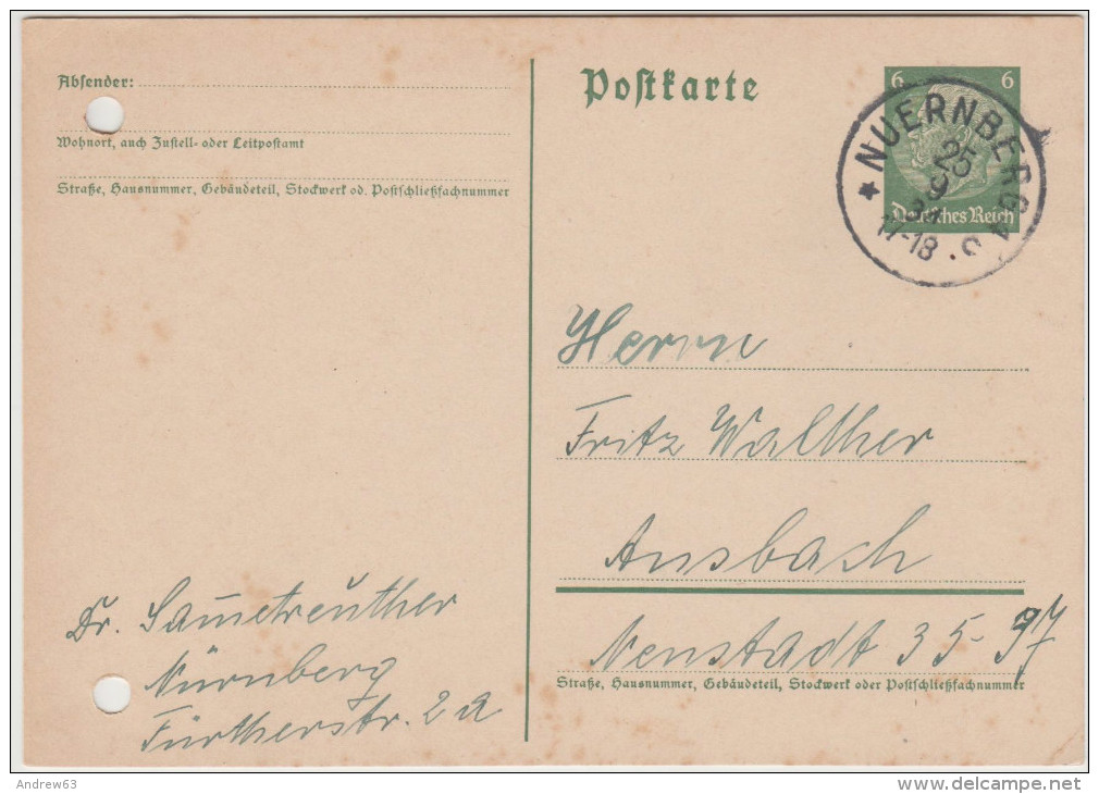 Deutsches Reich - 1934 - Postkarte - Postal Card - Entier Postal - 6 - Viaggiata Da Nuerberg Per Ansbach - Storia Postale
