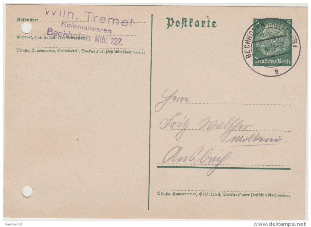 Deutsches Reich - 1938 - Postkarte - Postal Card - Entier Postal - 6 - Viaggiata Da Bechhofen Per Ansbach - Storia Postale