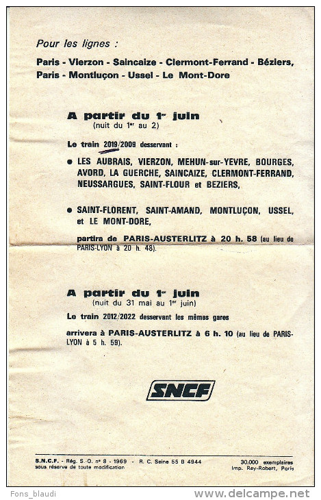 Tract SNCF Changement D´horaire Et De Gare Ligne Paris-Béziers - 1969 - FRANCO DE P30T - Railway