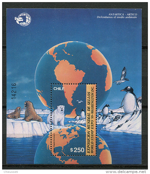 Chili ** Bloc N° 34 - "World Stamp Expo 89" Expo Philat. Ours Blanc, Manchots - Chili