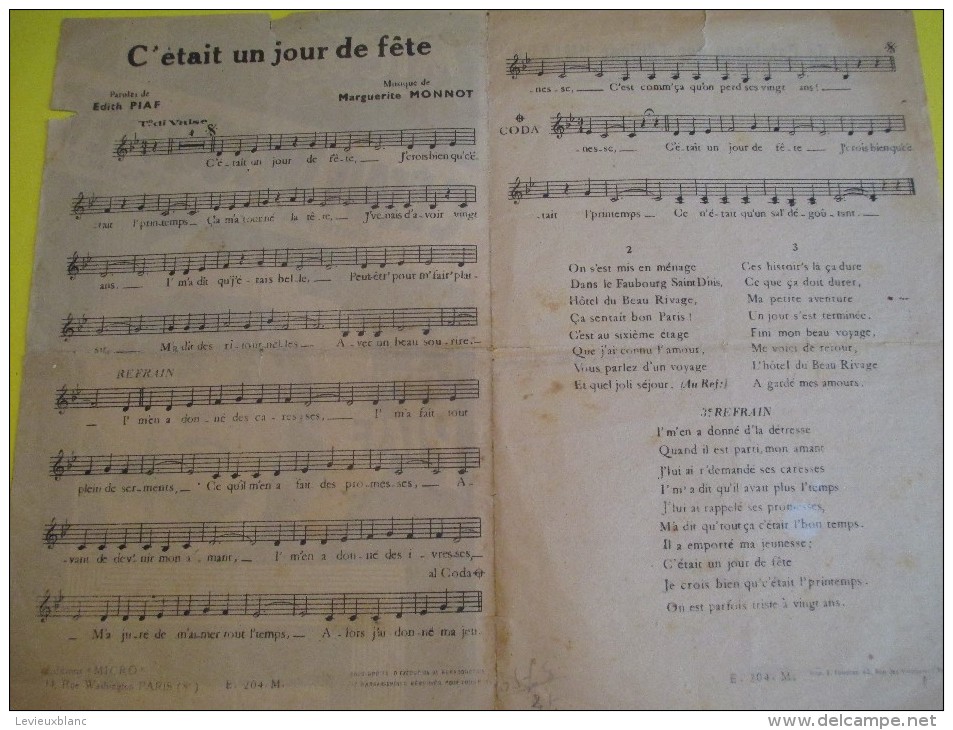 C´était Un Jour De Fête/Edith Piaf / Marguerite Monnot/ Micro / Vers 1935-1940  PART44 - Partitions Musicales Anciennes