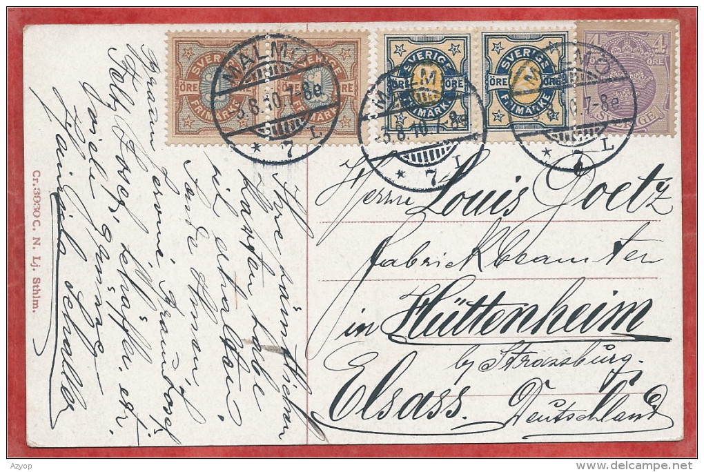 SVERIGE - Sur CP De MALMÖ Pour HUTTENHEIM ( Alsace ) - Affranchissement 5 Timbres Multicolore - 3 Scans - 1885-1911 Oscar II