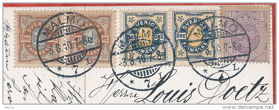 SVERIGE - Sur CP De MALMÖ Pour HUTTENHEIM ( Alsace ) - Affranchissement 5 Timbres Multicolore - 3 Scans - 1885-1911 Oscar II