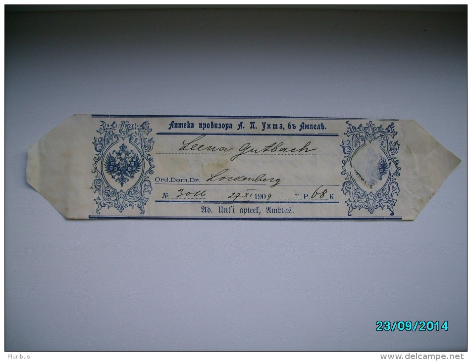 1909 IMPERIAL RUSSIA   ESTONIA   RARE! PHARMACY DRUG  LABEL  2 ,  A. UNT   , 0 - Sin Clasificación