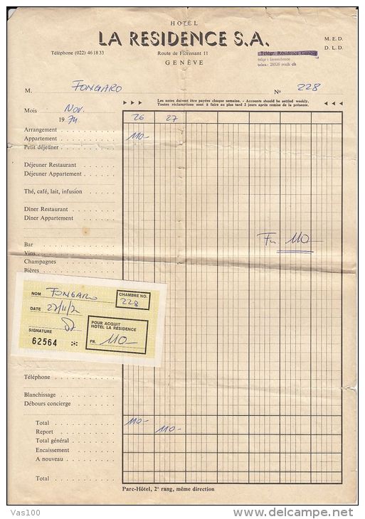 LA RESIDENCE HOTEL- GENEVE, RECEIPT, 1974, SWITZERLAND - Switzerland