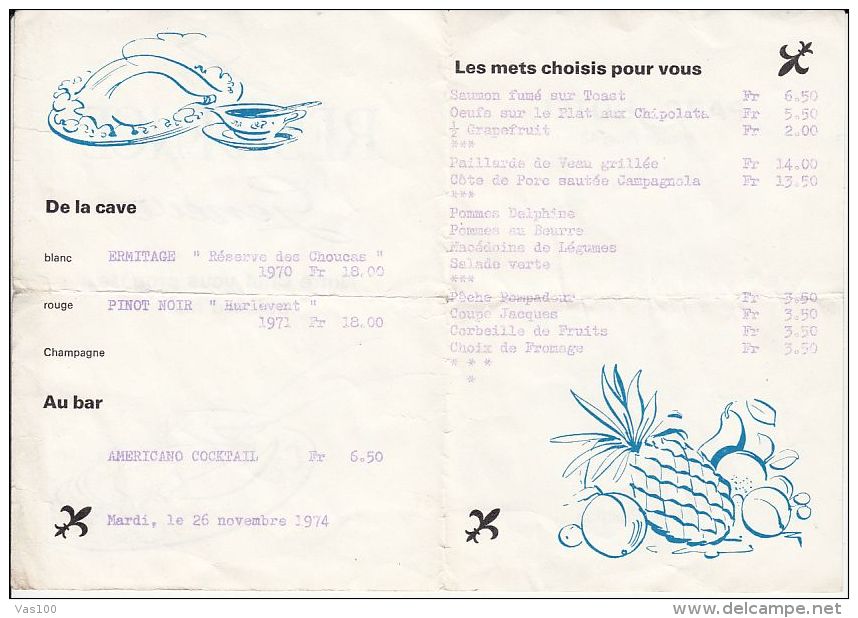 LA RESIDENCE- GENEVE, RESTAURANT RECEIPT, 1974, SWITZERLAND - Suisse