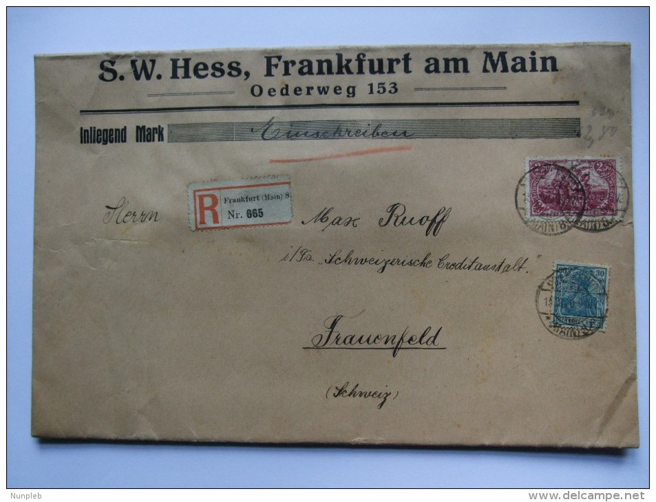 GERMANY 1920 COVER EINSCHREIBEN REGISTERED FRANKFURT TO FRAUENFELD SCHWEIZ SWITZERLAND - Briefe U. Dokumente