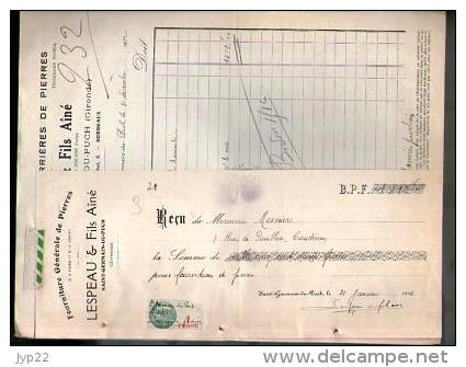 Facture + Lettre De Change Fourniture De Pierres Lespeau Saint Germain Du Puch 31-12-1932 - Tp Fiscal 1 F - 1900 – 1949