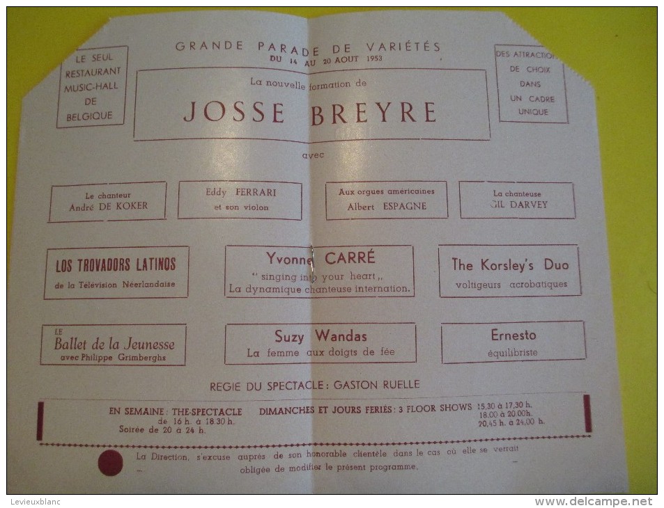 La Grande Taverne Palace / Variétés/Bruxelles/Belgique/ Yvonne Carré// 1953     PROG66 - Programmes