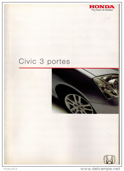 HONDA CIVIC 3 PORTES CATALOGUE 42 PAGES 2001  FORMAT A4 FRANCE - Publicidad