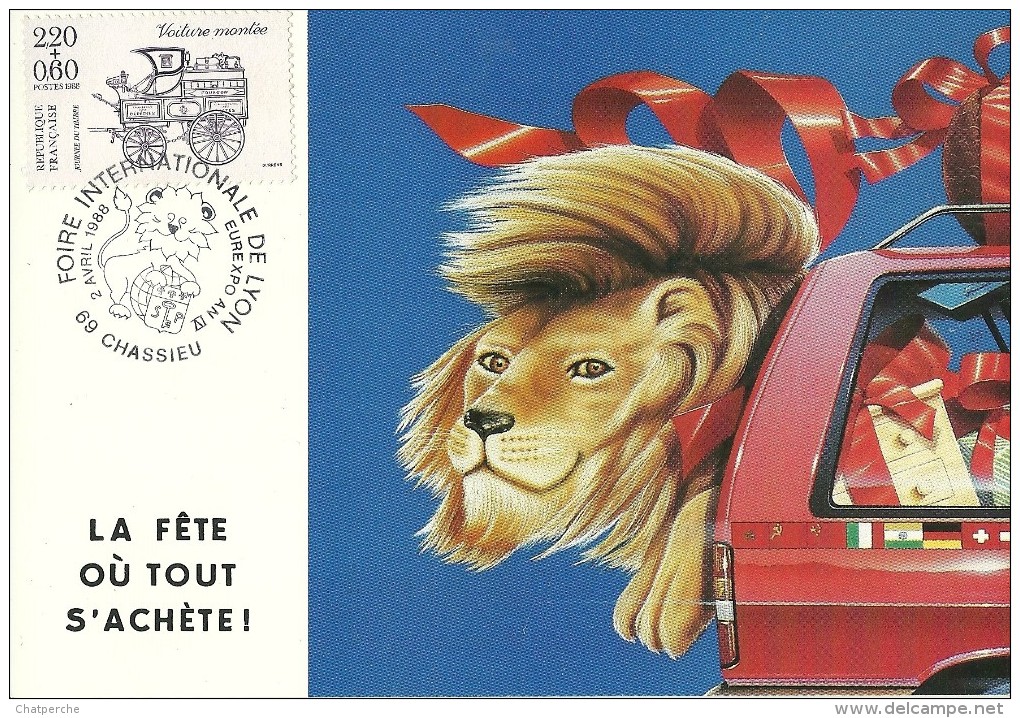 FOIRE INTERNATIONALE DE LYON  1988 AVEC TP ET CACHET CARTE MAXIMUM  LION AUTOMOBILE  LA FETE OU TOUT S'ACHETE - Manifestazioni