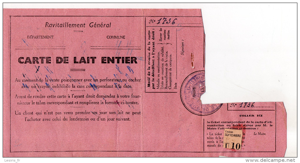 RAVITAILLEMENT GENERAL - CARTE DE LAIT ENTIER - 1940 - TROIS QUARTS DE LITRE - CARTE D´ALIMENTATION - Documentos Históricos